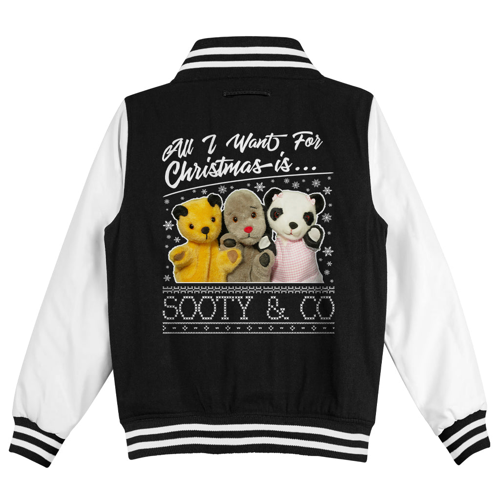 Sooty Christmas All I Want For Christmas Is Sooty And Co Kids Varsity Jacket
