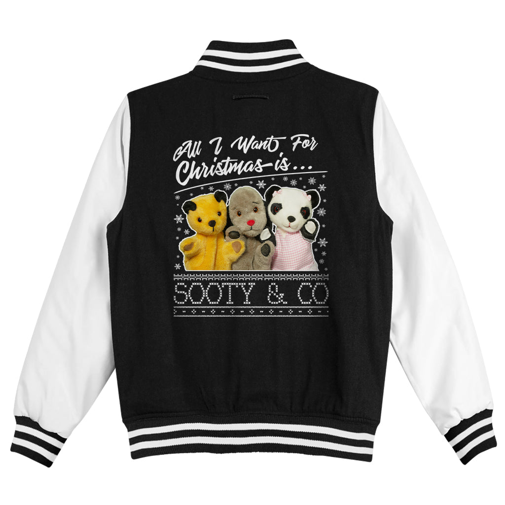 Sooty Christmas All I Want For Christmas Is Sooty And Co Men's Varsity Jacket