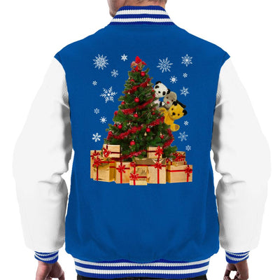 Sooty Christmas Characters Peeking Around Xmas Tree Men's Varsity Jacket-Sooty's Shop