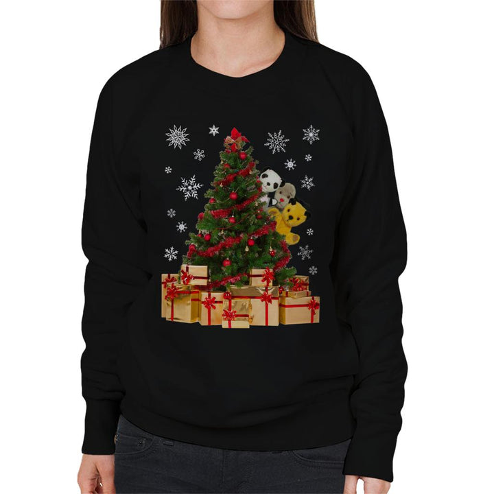 Sooty Christmas Characters Peeking Around Xmas Tree Women's Sweatshirt-Sooty's Shop