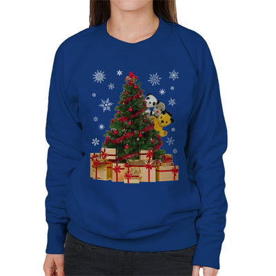Sooty Christmas Characters Peeking Around Xmas Tree Women's Sweatshirt-Sooty's Shop