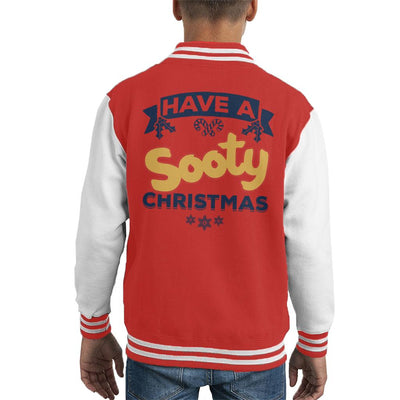 Sooty Christmas Have A Sooty Christmas Blue Banner Design Kid's Varsity Jacket-Sooty's Shop