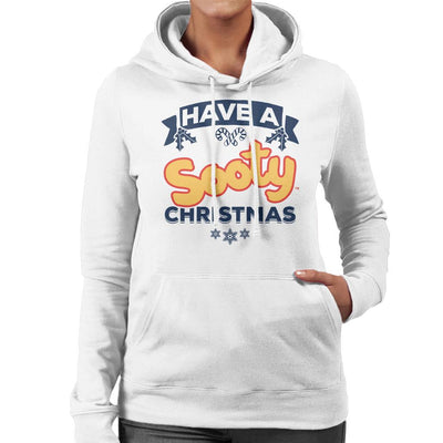 Sooty Christmas Have A Sooty Christmas Blue Banner Design Women's Hooded Sweatshirt-Sooty's Shop